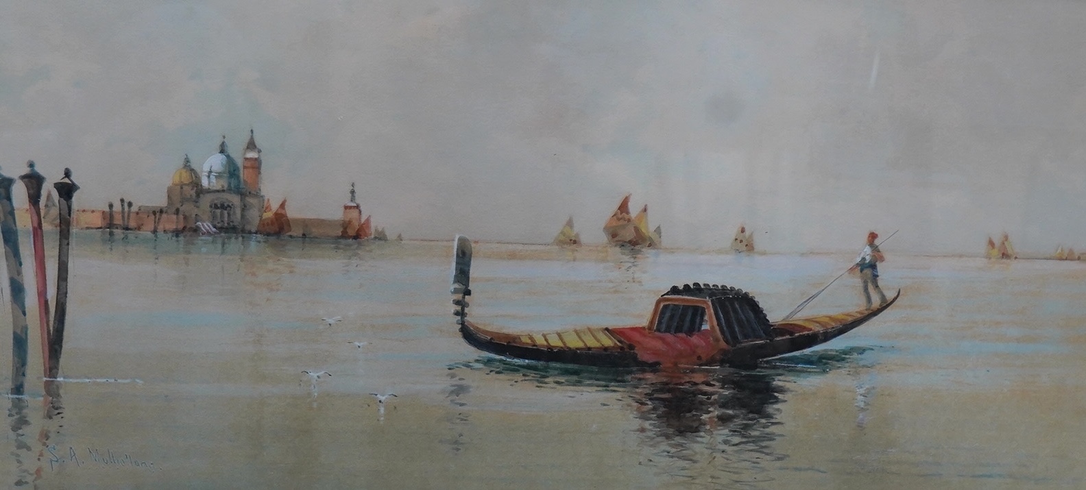 Sydney A. Mulholland (St Clair Augustin, 1839-1910), watercolour, ‘Approaching Venice’, 28 x 57cm, ornate gilt frame. Condition - fair, fading throughout
